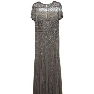 Adrianna Papell Beaded Mesh Evening Gown Gray Size 4